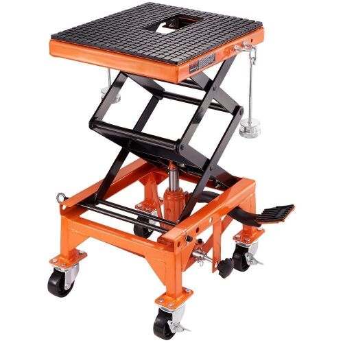 VEVOR 350 LBS Capacity Motorcycle Scissor Jack Lift with Wide Deck, J-hooks, 4 Wheels, Hydraulic Foot-Operated  - Lot 173