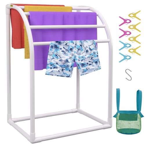 VEVOR Pool Towel Rack, 5 Bar, Milky, Freestanding Outdoor PVC Curved Poolside Storage Organizer, Include 8 Towel Clips, Mesh Bag, Hook - Lot 446