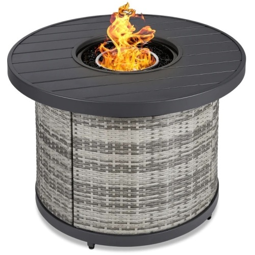 Round Fire Pit Table, 50,000 BTU Outdoor Wicker Firepit w/ Cover - 32in - Lot 1764