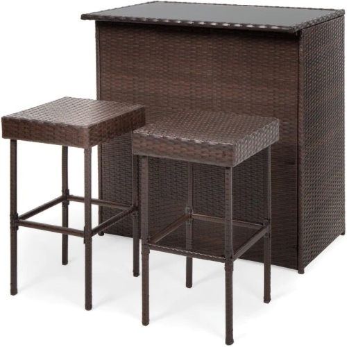 3-Piece Outdoor All-Weather Wicker Bar Table Set w/ 2 Stools - Lot 9209