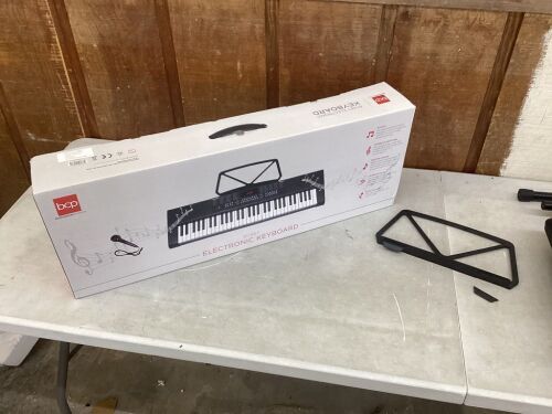 61-Key Beginners Electronic Keyboard Piano Set w/ 3 Modes, Microphone - Tab Broken Off Music Stand  - Lot 355