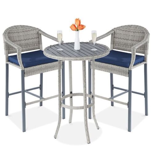3-Piece Outdoor Bistro Wicker Table Bar Set w/ Bar Stools, Footrests  - Lot 80