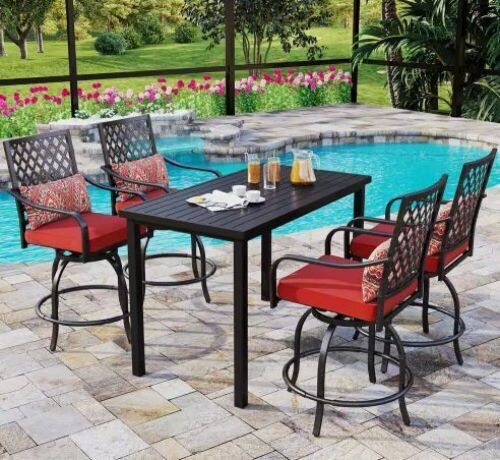 PHI VILLA 5-Piece Metal Rectangle Bar Height Outdoor Dining Set with Red Cushions - Lot 17