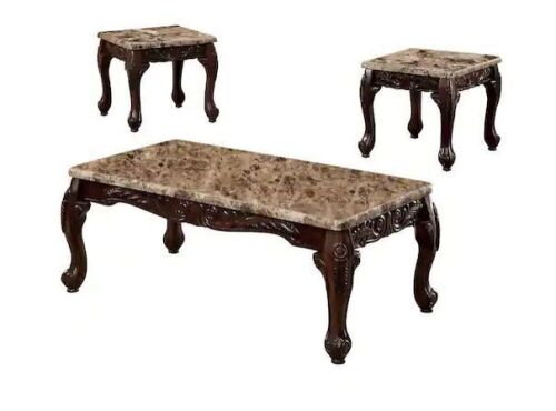 Semoleah 3-Piece 48 in. Dark Oak and Ivory Rectangle Faux Marble Coffee Table Set - Lot 70