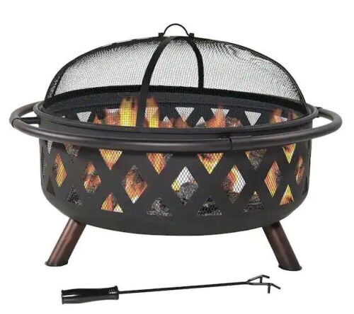 Sunnydaze Decor Black Cross Weave 36 in. x 24 in. Round Steel Wood Burning Fire Pit with Spark Screen - Lot 152
