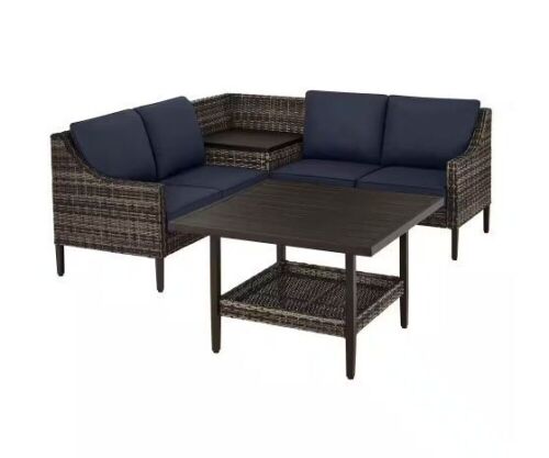 Hampton Bay Prestley Park 4-Piece Steel Patio Conversation Sectional Set with CushionGuard Midnight Navy Blue Cushions - Lot 18