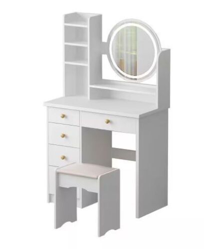 WIAWG 5-Drawers White Wood Makeup Vanity Set Dressing Desk w/ Stool, LED Round Mirror and Storage Shelves - Lot 61