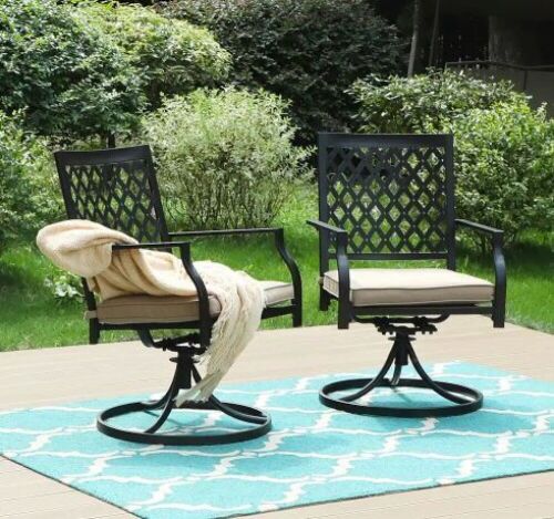 PHI VILLA Black Metal Elegant Patio Outdoor Dining Swivel Chair with Beige Cushion, 2 Pack  - Lot 62