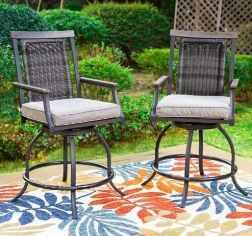 PHI VILLA Swivel Metal Outdoor Bar Stool with Grey Cushion, 2 Pack - Lot 63