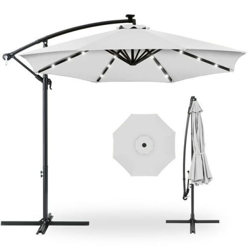 Solar LED Offset Hanging Patio Umbrella w/ Crank Tilt Adjustment - 10ft  - Lot 593