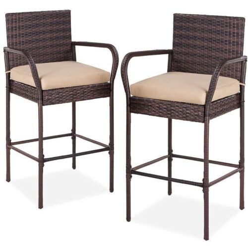 Set of 2 Indoor Outdoor Wicker Bar Stools w/ Cushion, Footrests, Armrests  - Lot 313