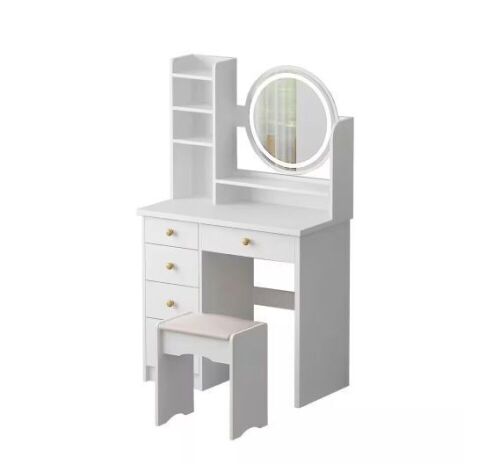 WIAWG 5-Drawers White Wood Makeup Vanity Set Dressing Desk W/ Stool, LED Round Mirror and Storage Shelves - Lot 91