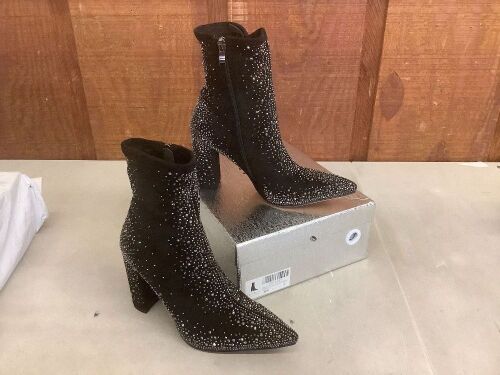 ISNOM Black Rhinestone Ankle Boots with Side Zipper, Size 7  - Lot 737