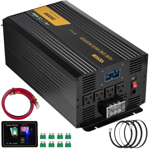 VEVOR 3500 Watt Pure Sine Wave Power Inverter, DC 12V to AC 120V, with USB Port LCD Display Remote Controller and AC Outlets - Lot 652