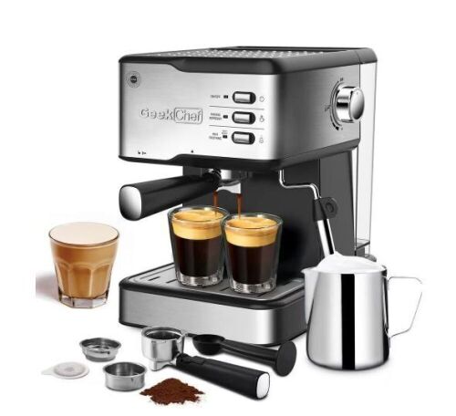 GeekChef 2-Cup Black 20 Bar Professional Compact Espresso Machine with Milk Frother Steam Wand Thermal Fast Heating System - Lot 615