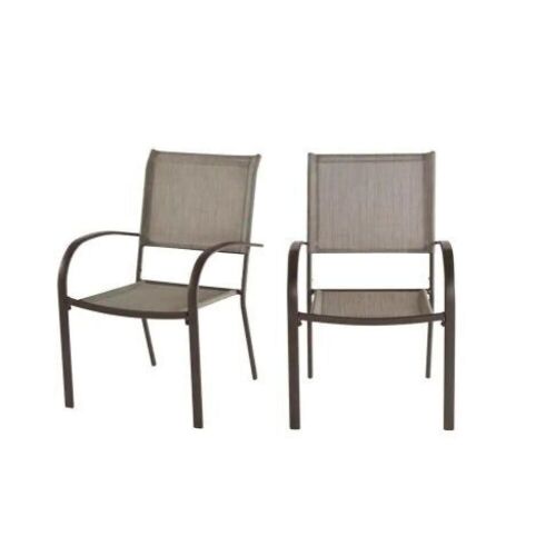 StyleWell Stationary Stackable Steel Split Back Sling Outdoor Patio Dining Chair in Riverbed Taupe Tan, 2-Pack - Lot 224