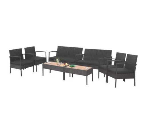 8-Pieces Wicker Patio Conversation Set Wooden Tabletop with Black Cushions - Lot 73