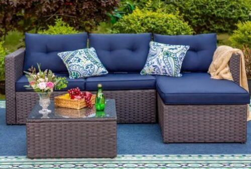 PHI VILLA Black Rattan Wicker 3 Seat 3-Piece Steel Outdoor Patio Sectional Set with Blue Cushions and Coffee Table - Lot 49