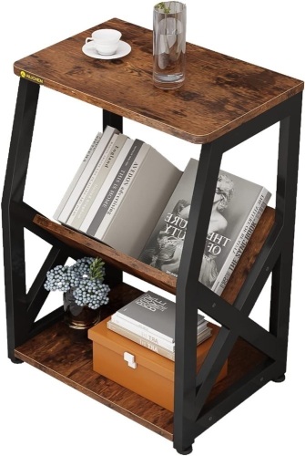 ALISENED Side Table with Magazine Holder, 3 Tier Narrow End Table with Storage Shelf, Industrial Slim Nightstand for Small Spaces, Vintage Small Nightstand - Lot 2258