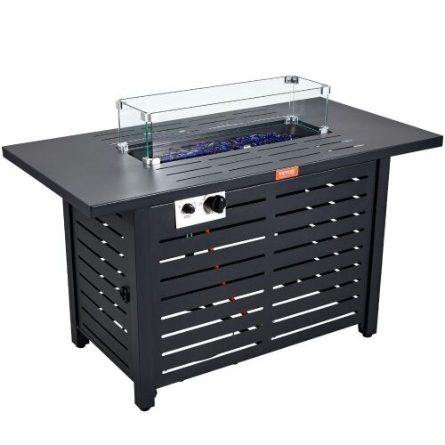 VEVOR 43" Gas Fire Pit Table with Carbon Steel Tabletop, Lava Rock, Glass Wind Guard, Cover, 50000 BTU - Lot 100