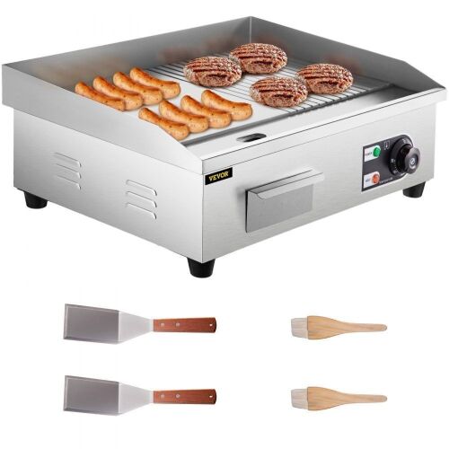 VEVOR 22" 1600W Stainless Steel Electric Countertop Half Grooved Griddle w/Drip Hole, 122°F-572°F  - Lot 261