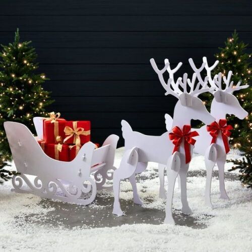 3-Piece Deer & Sleigh Silhouette Set Holiday Yard Decoration w/ Stakes - 4ft  - Lot 263