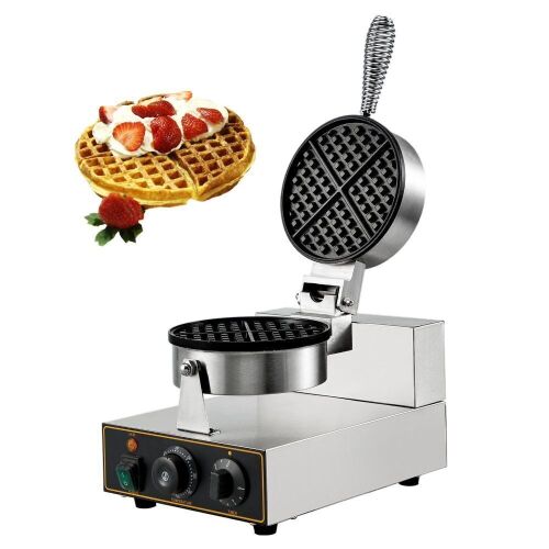 VEVOR Commercial Round Waffle Maker Nonstick 1100W Stainless Steel 110V Temperature and Time Control - Lot 331