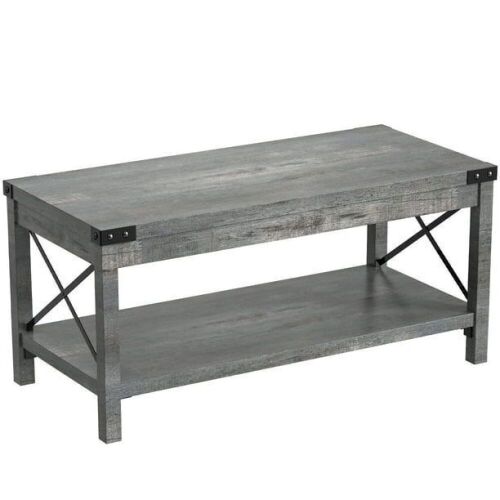 LGHM Modern Farmhouse Rectangle Wood Coffee Table with 2-tier Storage Shelf, Gray - Lot 737
