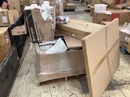 Pallet of Office Supplies - 2 Desks, Whiteboard, Toilet Paper & More - Lot 394