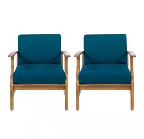 Noble House Perla Teak Finish Wood Outdoor Club Lounge Chairs with Blue Cushions, 2 Pack  - Lot 73