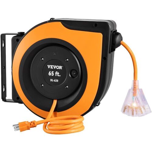 VEVOR Retractable Extension Cord Reel, 65 FT, Heavy Duty 12AWG/3C SJTOW Power Cord, with Lighted Triple Tap Outlet, 15 Amp Circuit Breaker, 180° Swivel Bracket for Ceiling or Wall Mount, UL Listed - Lot 140