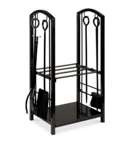 5-Piece Firewood Log Rack Holder Tools Set w/ Hook, Broom, Shovel, Tongs  - Lot 902