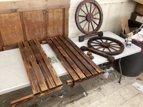 2-Person Rustic Wooden Wagon Wheel Bench w/ Slatted Seat and Backrest  - Lot 493
