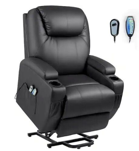 LACOO Big and Tall Black Power Lift Recliner Chair with Massage and Heat, Side Pockets and Cup Holders - Lot 67