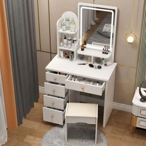 5-Drawers White Makeup Vanity Set With Stool, Mirror, LED Light and 3-Tier Storage Shelves - Lot 66