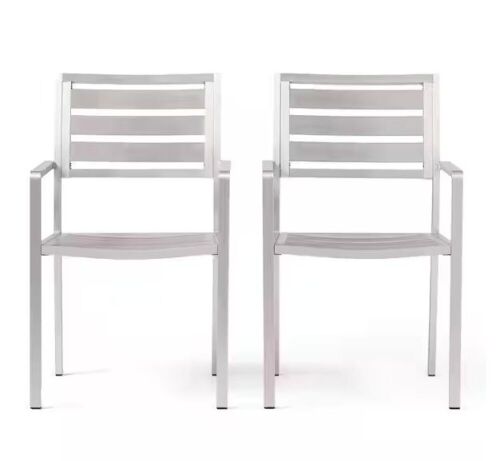 Noble House Cape Coral Silver Aluminum Outdoor Dining Chairs, 2 Pack - Lot 166