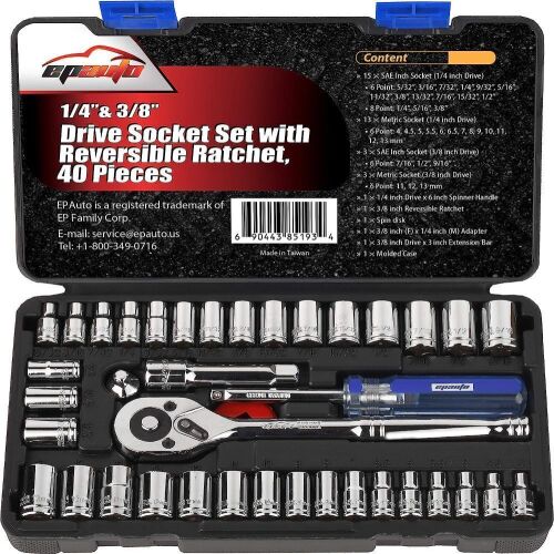 EPAuto 40 Pieces 1/4-Inch & 3/8-Inch Drive Socket Set with 72 Tooth Reversible Ratchet  - Lot 288