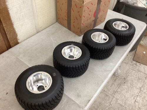 Lot of (3) VEVOR Go Kart Tires and Rims 10"x 4.50" Front, HUB- Rim Fit Bolt Pattern 2.28 inch with 3 Holes - One if Off Bead  - Lot 276