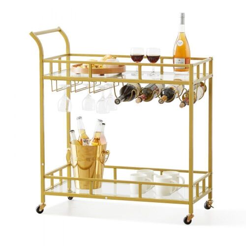 VEVOR 2 Tiers Gold Metal Bar Serving Cart with Wine Rack Glass Holder 120 LBS - Lot 167