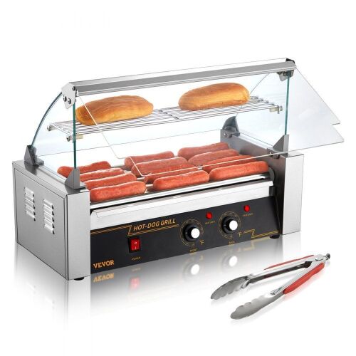 VEVOR 750W Stainless Steel Hot Dog Roller with Dual Temp Control, 5 Rollers 12 Hot Dogs Capacity, Acrylic Cover Bun Warmer Shelf  - Lot 54