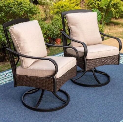 PHI VILLA Metal and Wicker Outdoor Patio Swivel Lounge Chair with Beige Cushions, 2 Pack  - Lot 180