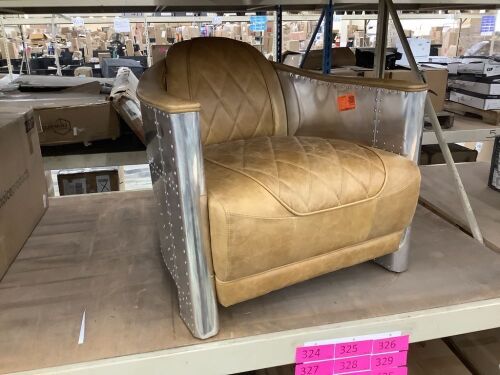 Lucky-Angel Top Leather Khaki Mid Century Modern Genuine Leather Accent Arm Chair with Vintage Aluminum Exterior Accented and Rivets - Lot 37
