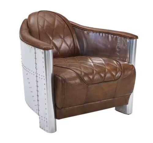 Lucky-Angel Top Leather Cognac Mid Century Modern Genuine Leather Accent Armchair with Vintage Aluminum Exterior Accented and Rivets - Lot 38