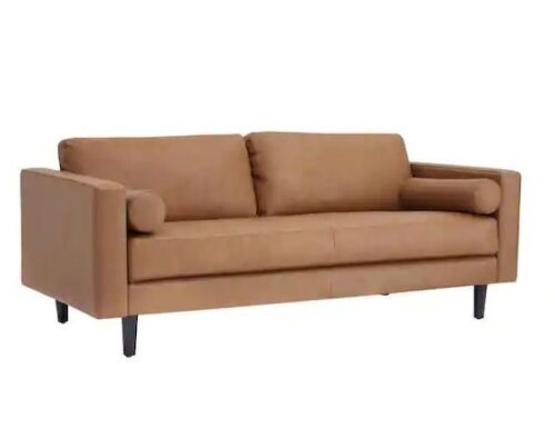HOMESTOCK 74.5 in. W Square Arm Leather Straight Top Grain Leather Mid-Century Sofa in Beige - Small Rip on Bottom  - Lot 26