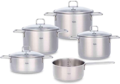 Fissler Hamburg/Cookware-Set, 9-Pcs, pot set, pots with glass lids, induction (3 cooking pots, 1 casserole, 1 saucepan-no lid) - Lot 2181