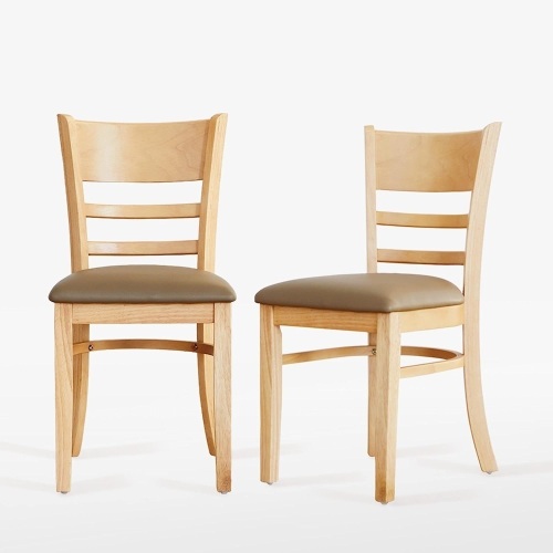 Livinia Cabin Dining Chair Set of 2, Solid Malaysian Oak PU Leather Upholstered Cushion Seat Wooden Ladder Back Side Chairs (Natural-Oak) Assembly Required - Lot 2184