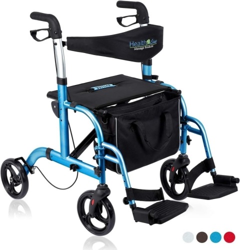 Health Line Massage Products 2 in 1 Rollator-Transport Chair w/Paded Seatrest, Reversible Backrest and Detachable Footrests, Sky Blue - Lot 2203
