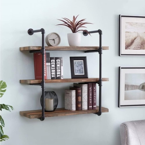 31.5-Inch Industrial Pipe Shelf, 3-Shelf Metal Bookcases Furniture, Retro Brown - Lot 2228