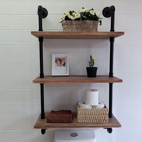 HDDFER Bathroom Shelves Over Toilet Industrial Pipe Shelving with Wood 24 Inch,Rustic Wall Shelves,Industrial Shelves Floating Pipe Shelves for Farmhouse,Bathroom Shelves Pipe Wall Shelf Mounted - Lot 2153