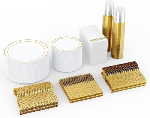 700 Count Gold Dinnerware Set-200 Plastic Plates- 300 Gold Plastic Silverware-100 Gold Plastic Cups-100 Disposable Hand Towel- Disposable Gold Dinnerware Set for Halloween, Christmas, Thanksgiving - Lot 2187
